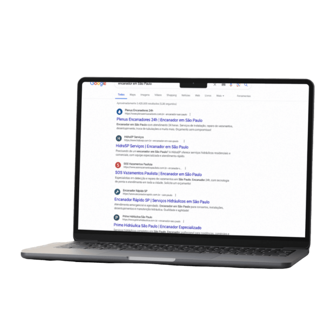 Mockup de laptop ilustrando pouca visibilidade da empresa no Google.