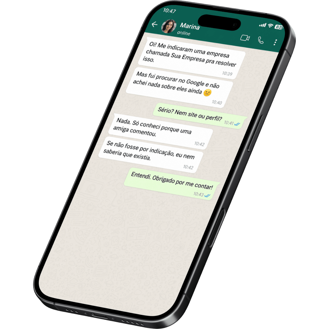 Mockup de celular ilustrando a dependência de indicações para conseguir clientes.