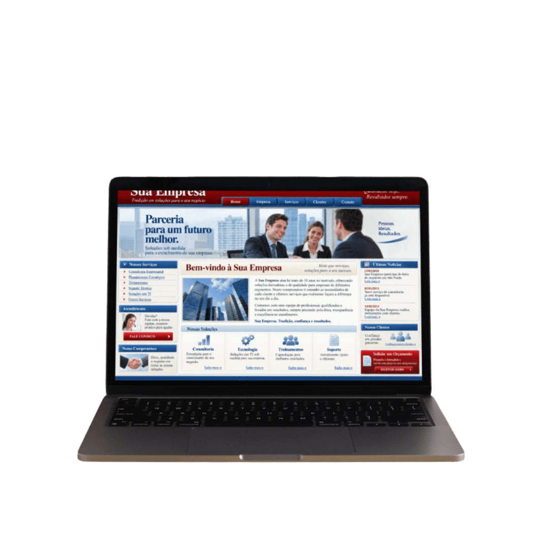 Mockup de laptop ilustrando um site empresarial desatualizado.