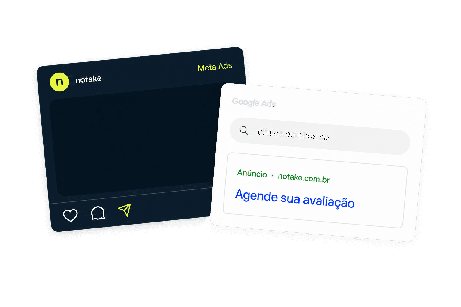 Mockup de anúncio no Meta Ads e no Google Ads lado a lado