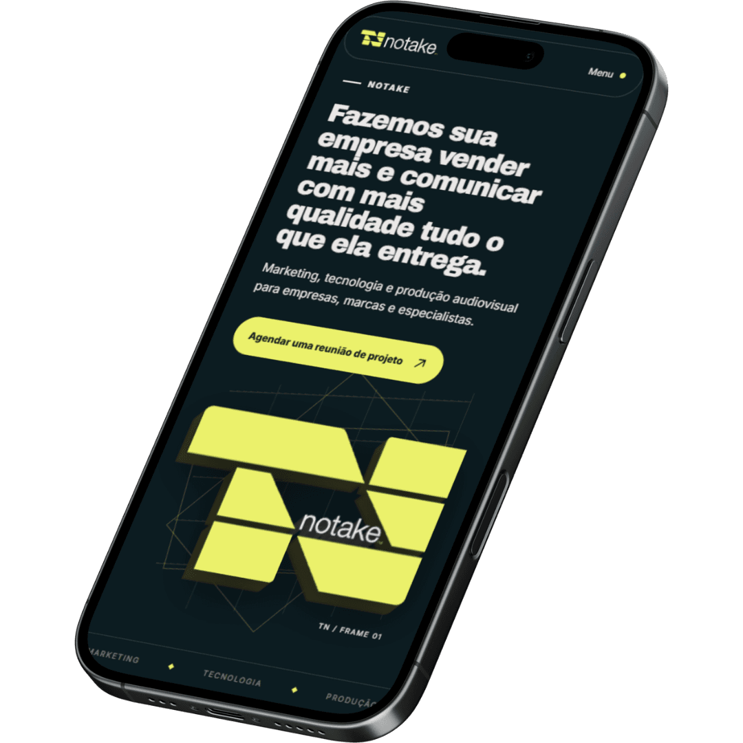 Mockup de iPhone exibindo o site da Notake